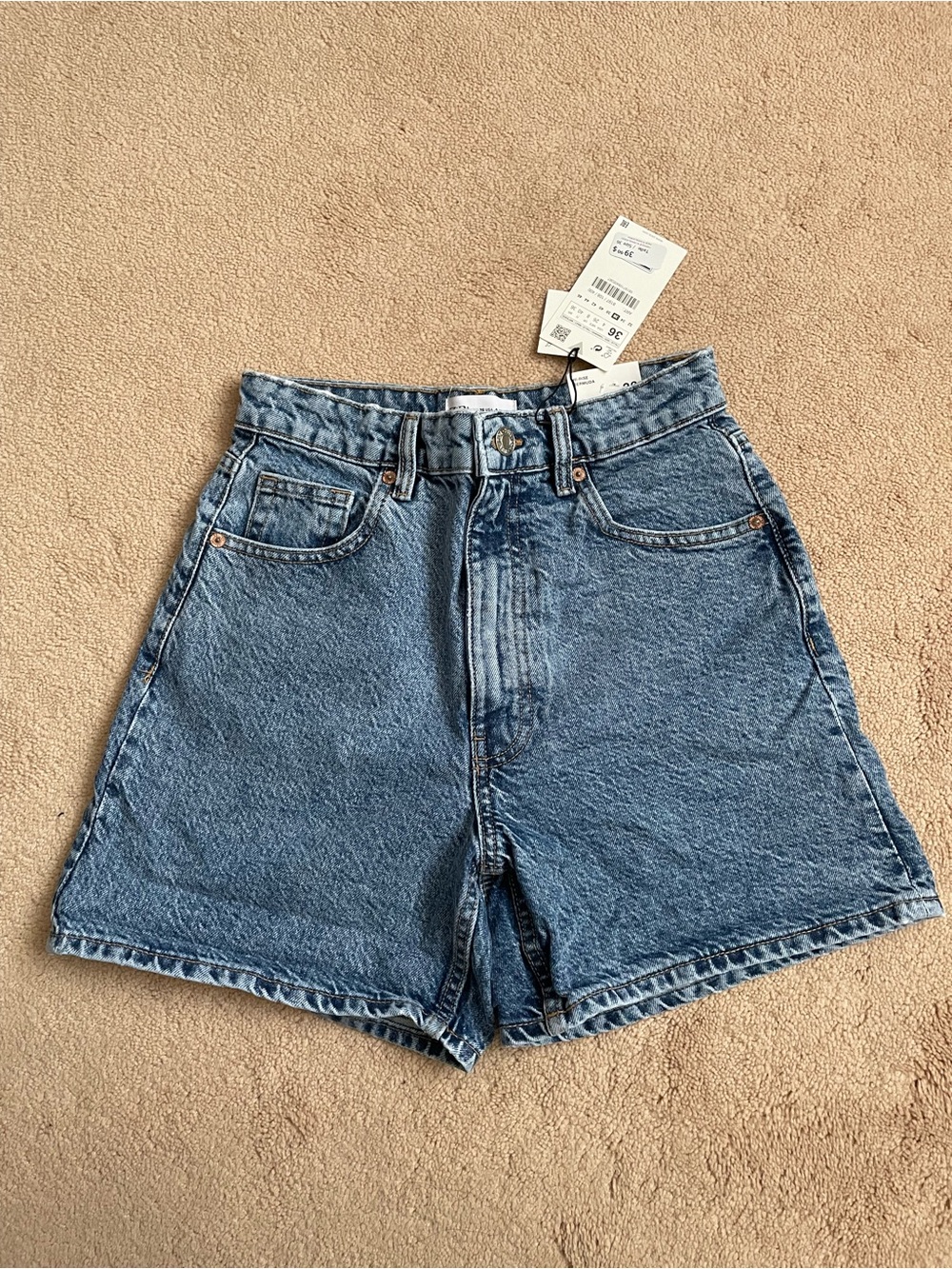 Zara Medium Blue High-Rise Denim Mom Shorts